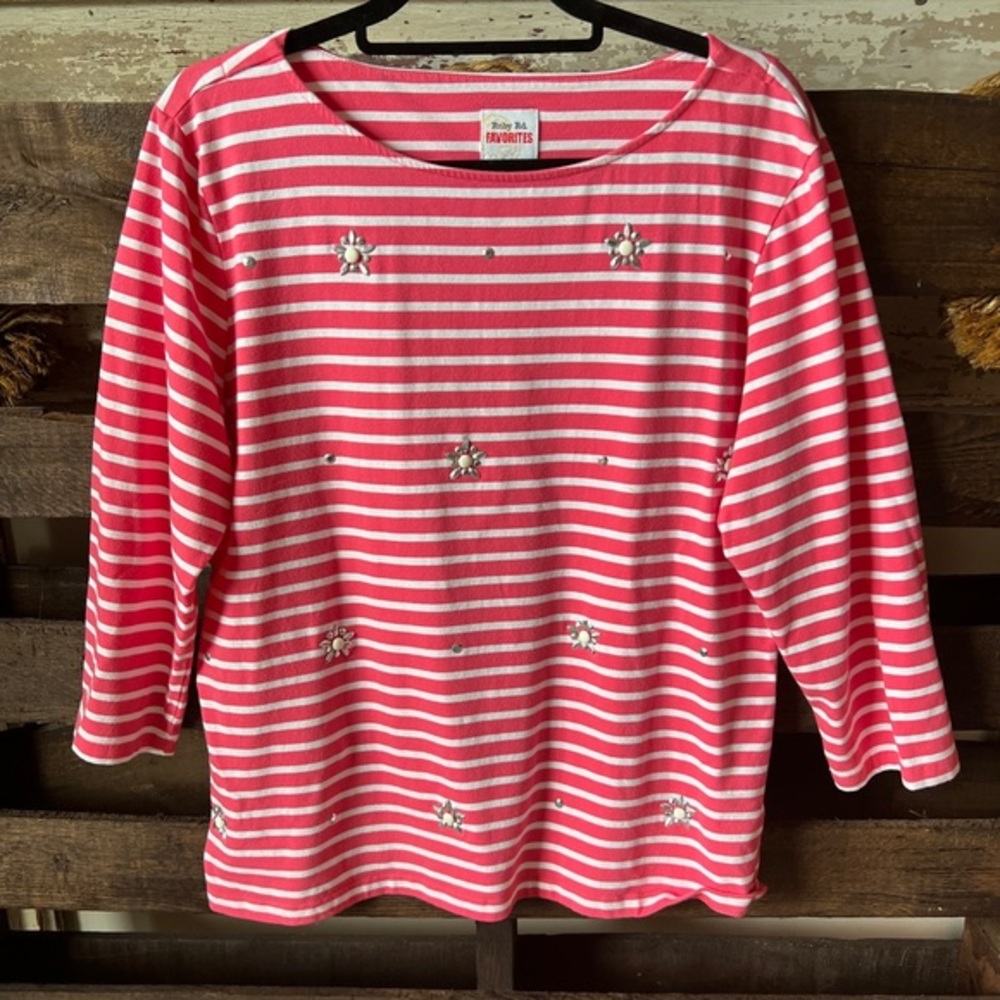 🟠RUBY RD 3/4 Sleeve Striped Top with Bead Detail in Pink/White XL